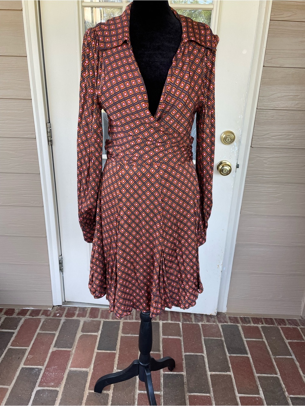 Free People Geo Print Open Back Mini Dress Sz M Retro Boho 🔥